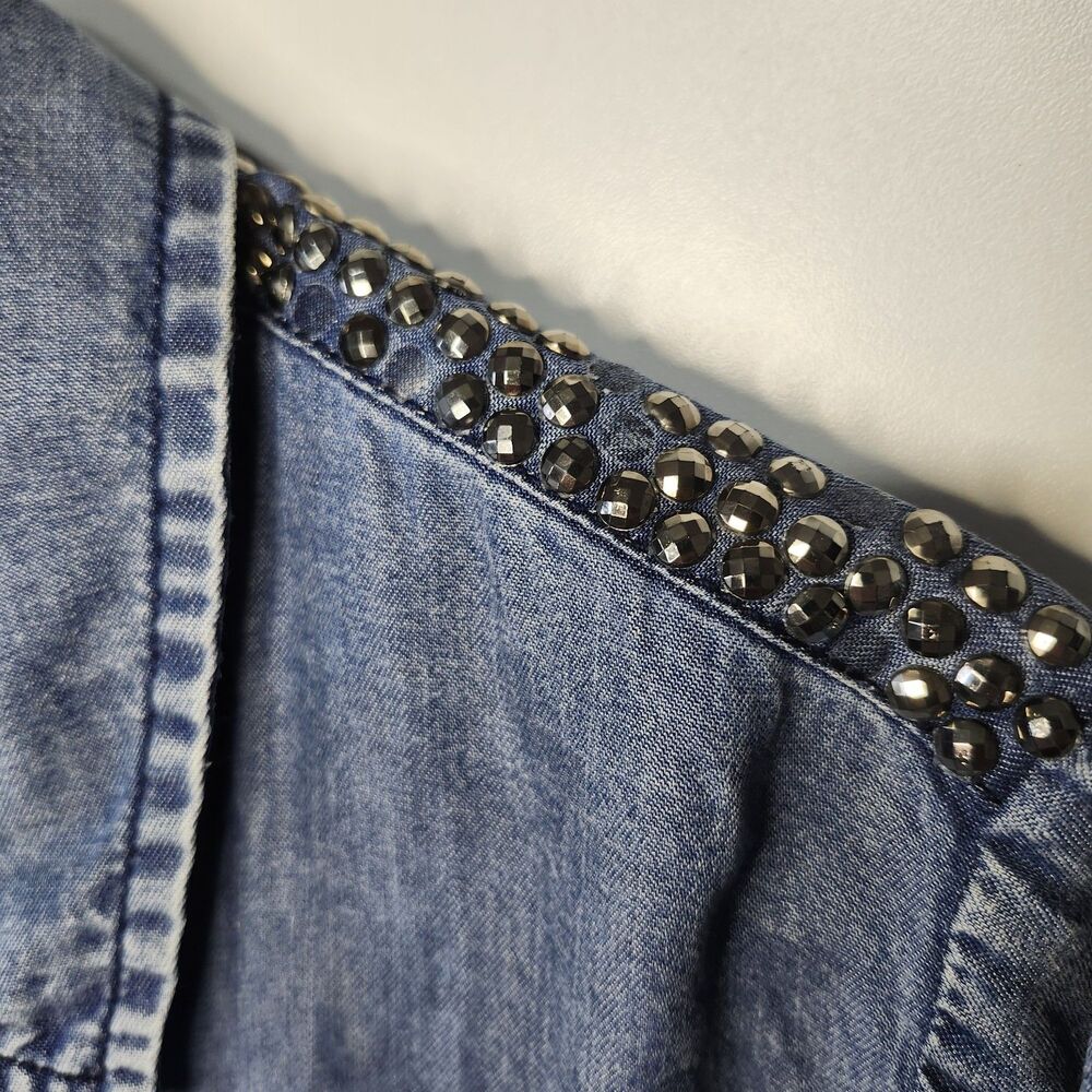 Love Fire Denim Shirt 0X Lyocell Button Down Rhinestone Shoulder Roll Tab READ - Picture 3 of 14